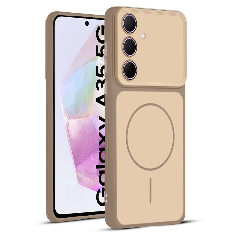 Full protective dual tone Brown silicone case for Samsung A35 5G showing front and back design coverage