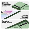 Green Phone case for Samsung A35 5G highlighting raised camera protection, anti-slip texture, and responsive side buttons