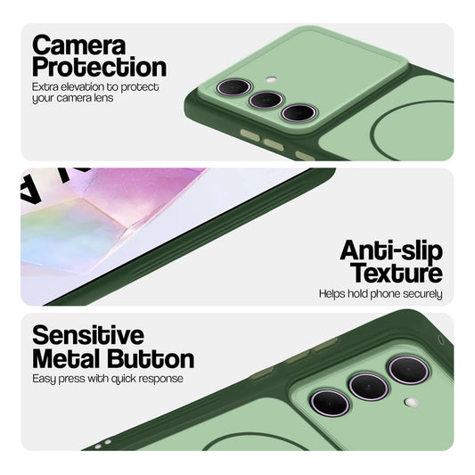 Green Phone case for Samsung A35 5G highlighting raised camera protection, anti-slip texture, and responsive side buttons