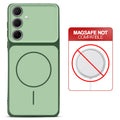 Dual tone silicone Green phone cover for Samsung A35 5G showing wireless charging not supported notice