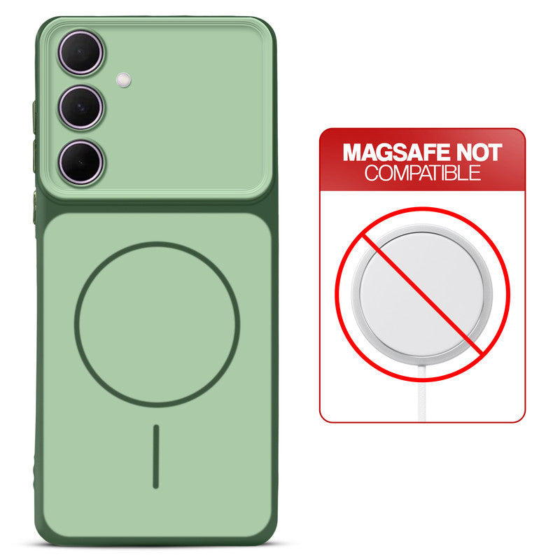 Dual tone silicone Green phone cover for Samsung A35 5G showing wireless charging not supported notice