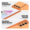 Orange Phone case for Samsung A35 5G highlighting raised camera protection, anti-slip texture, and responsive side buttons