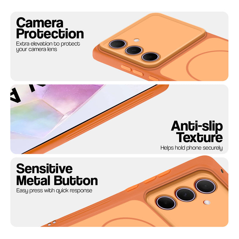 Orange Phone case for Samsung A35 5G highlighting raised camera protection, anti-slip texture, and responsive side buttons
