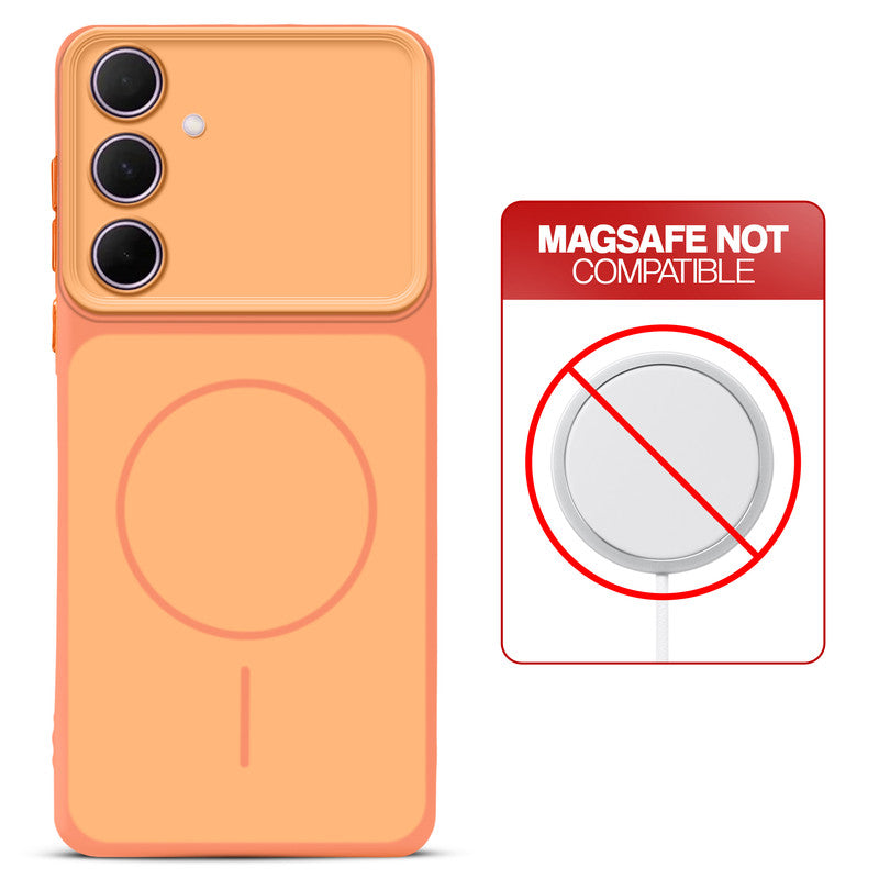 Dual tone silicone Orange phone cover for Samsung A35 5G showing wireless charging not supported notice