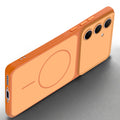 Slim silicone Orange phone case for Samsung A35 5G side angle view showing grip texture and precise cutouts