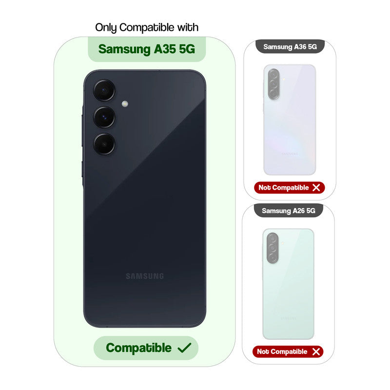 Compatibility comparison image showing Samsung A35 5G supported, while other models are not compatible.