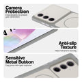 White Phone case for Samsung A35 5G highlighting raised camera protection, anti-slip texture, and responsive side buttons