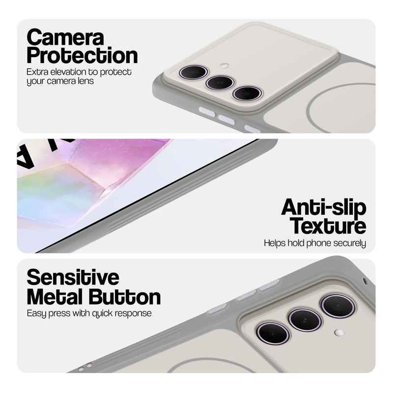 White Phone case for Samsung A35 5G highlighting raised camera protection, anti-slip texture, and responsive side buttons