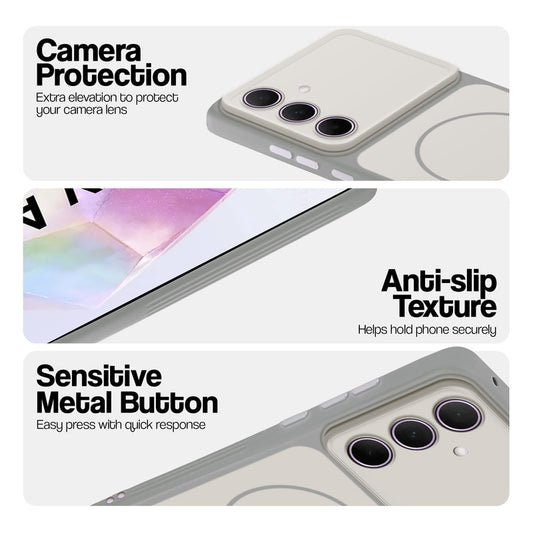 White Phone case for Samsung A35 5G highlighting raised camera protection, anti-slip texture, and responsive side buttons