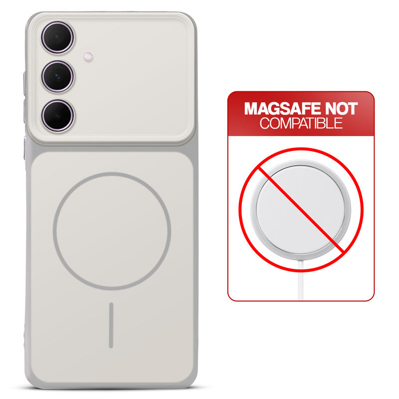 Dual tone silicone White phone cover for Samsung A35 5G showing wireless charging not supported notice