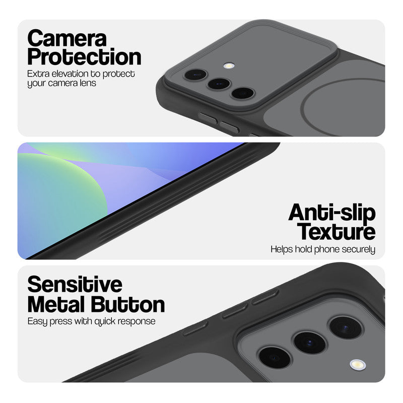 Black Phone case for Samsung A36 5G highlighting raised camera protection, anti-slip texture, and responsive side buttons