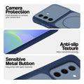Blue Phone case for Samsung A36 5G highlighting raised camera protection, anti-slip texture, and responsive side buttons