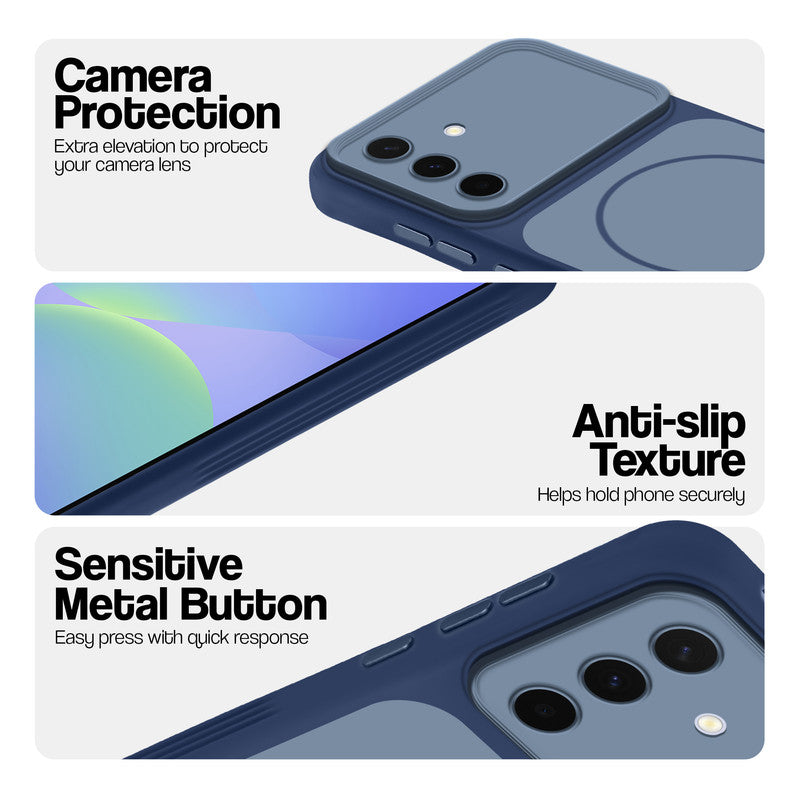 Blue Phone case for Samsung A36 5G highlighting raised camera protection, anti-slip texture, and responsive side buttons
