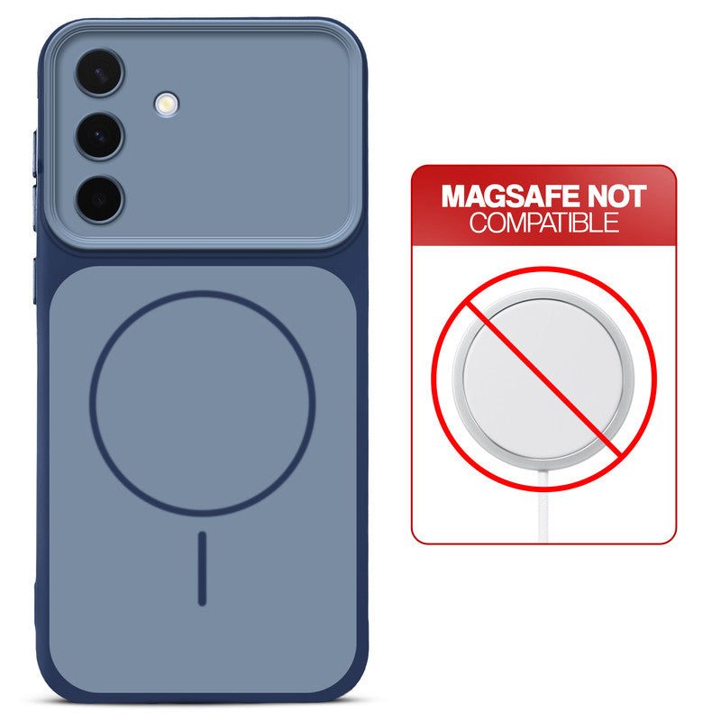 Dual tone silicone Blue phone cover for Samsung A36 5G showing wireless charging not supported notice