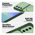 Green Phone case for Samsung A36 5G highlighting raised camera protection, anti-slip texture, and responsive side buttons
