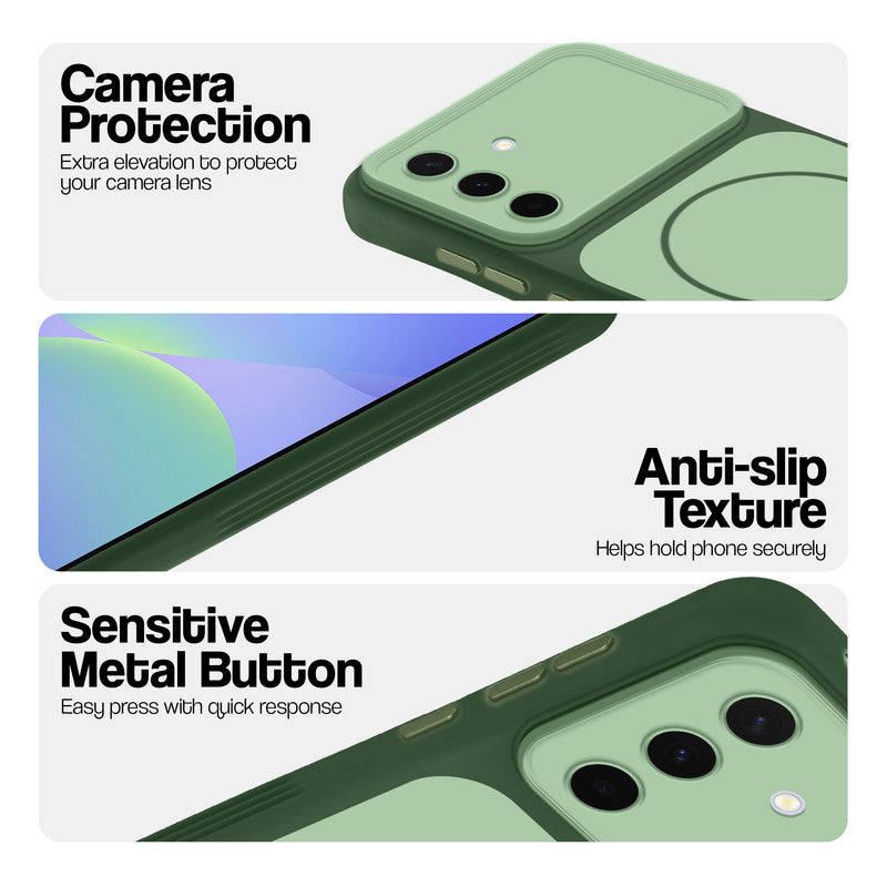Green Phone case for Samsung A36 5G highlighting raised camera protection, anti-slip texture, and responsive side buttons