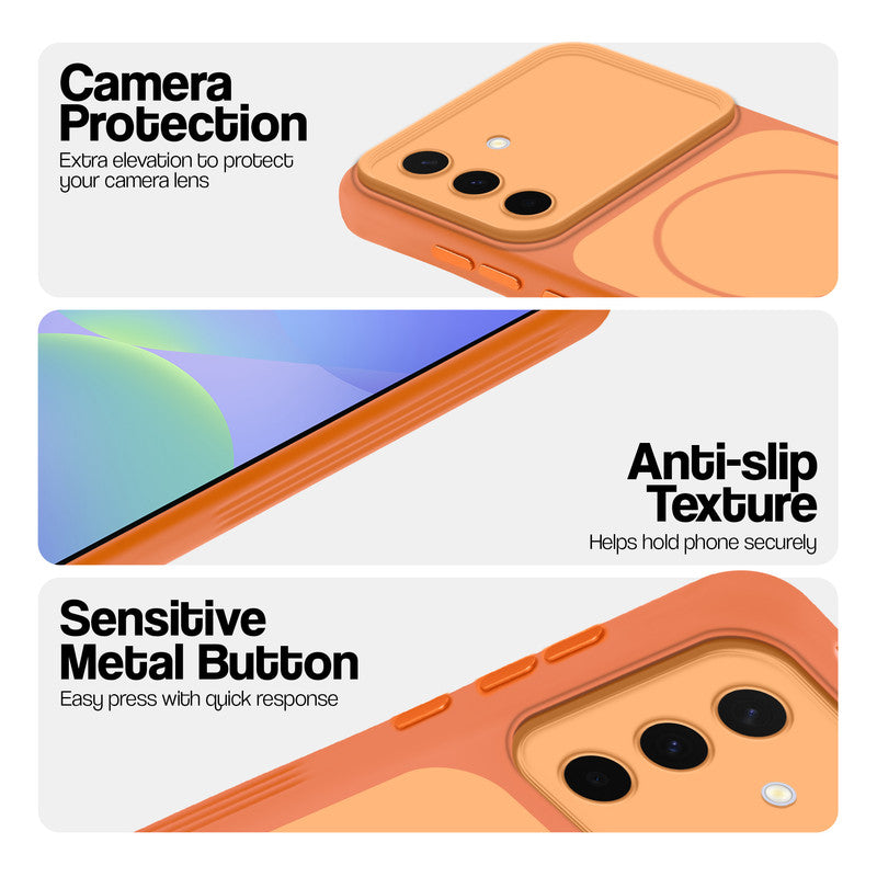 Orange Phone case for Samsung A36 5G highlighting raised camera protection, anti-slip texture, and responsive side buttons