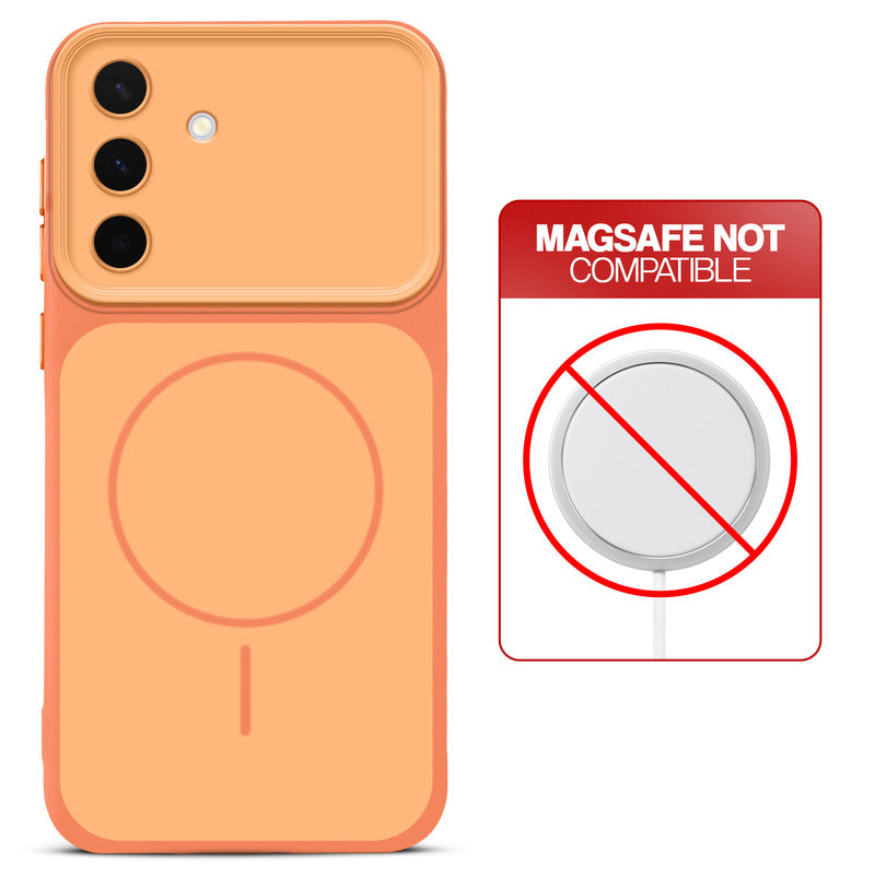 Dual tone silicone Orange phone cover for Samsung A36 5G showing wireless charging not supported notice