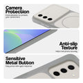 White Phone case for Samsung A36 5G highlighting raised camera protection, anti-slip texture, and responsive side buttons