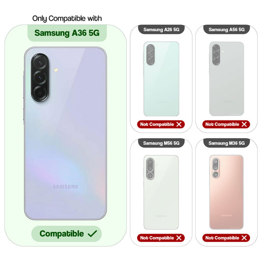 Clear hard back case compatibility guide showing fit for Samsung A36 5G and not compatible with other models