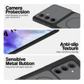 Black Phone case for Samsung A55 5G highlighting raised camera protection, anti-slip texture, and responsive side buttons
