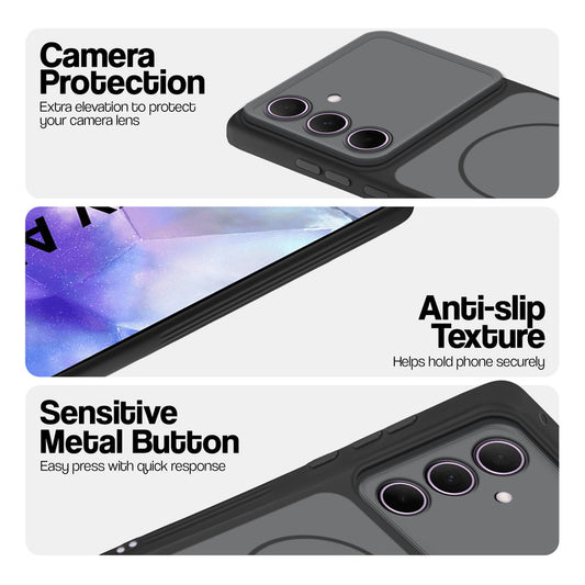 Black Phone case for Samsung A55 5G highlighting raised camera protection, anti-slip texture, and responsive side buttons