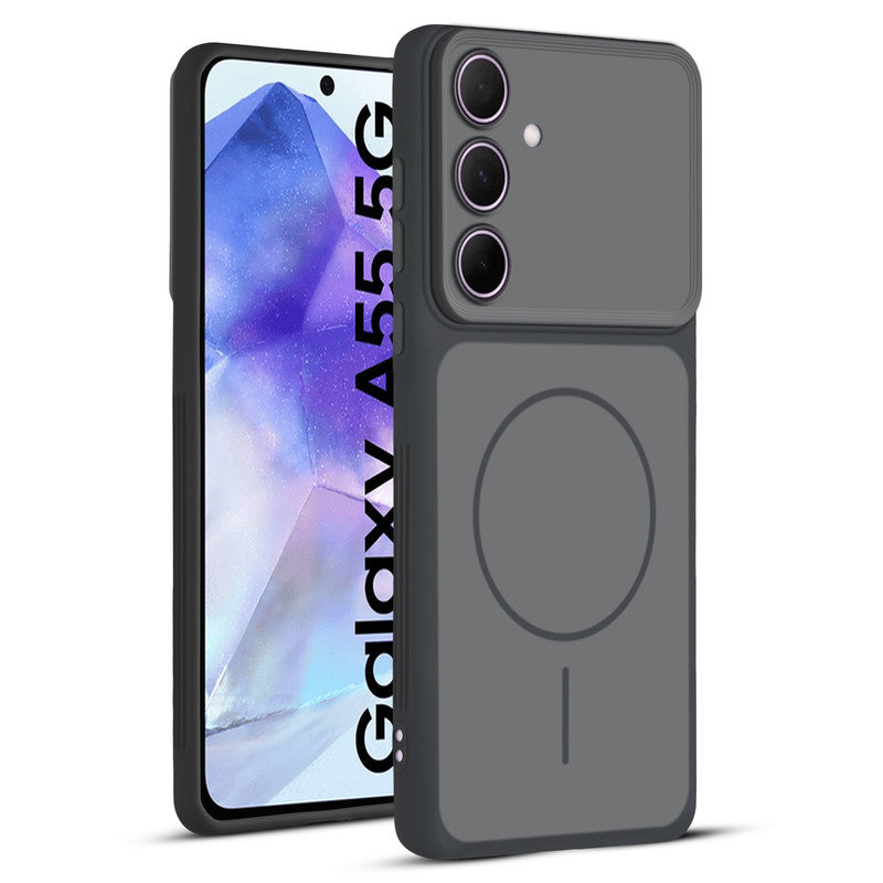 Full protective dual tone Black silicone case for Samsung A55 5G showing front and back design coverage