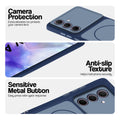 Blue Phone case for Samsung A55 5G highlighting raised camera protection, anti-slip texture, and responsive side buttons