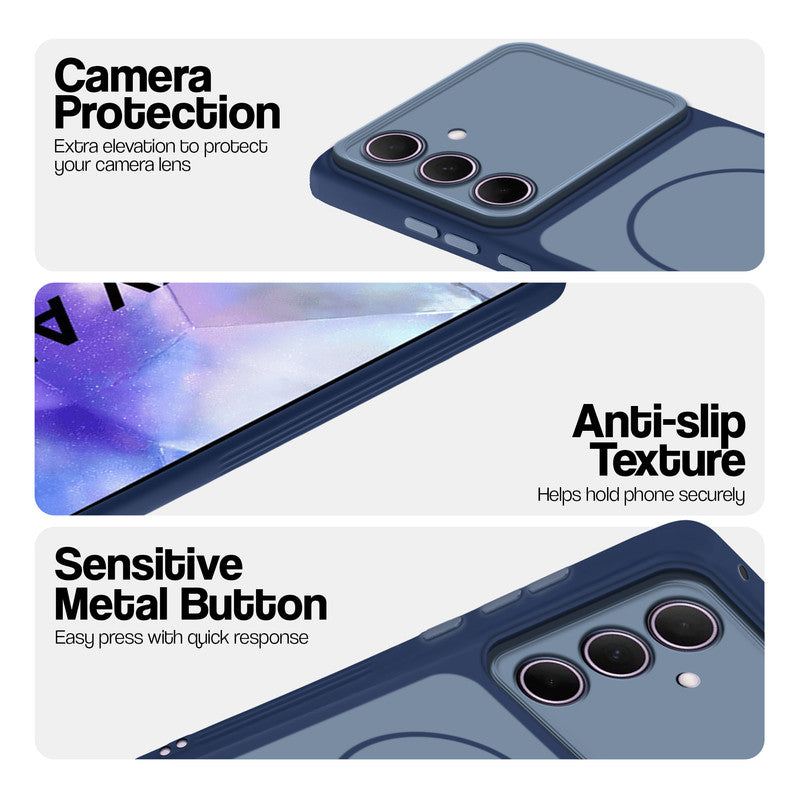Blue Phone case for Samsung A55 5G highlighting raised camera protection, anti-slip texture, and responsive side buttons