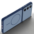 Slim silicone Blue phone case for Samsung A55 5G side angle view showing grip texture and precise cutouts