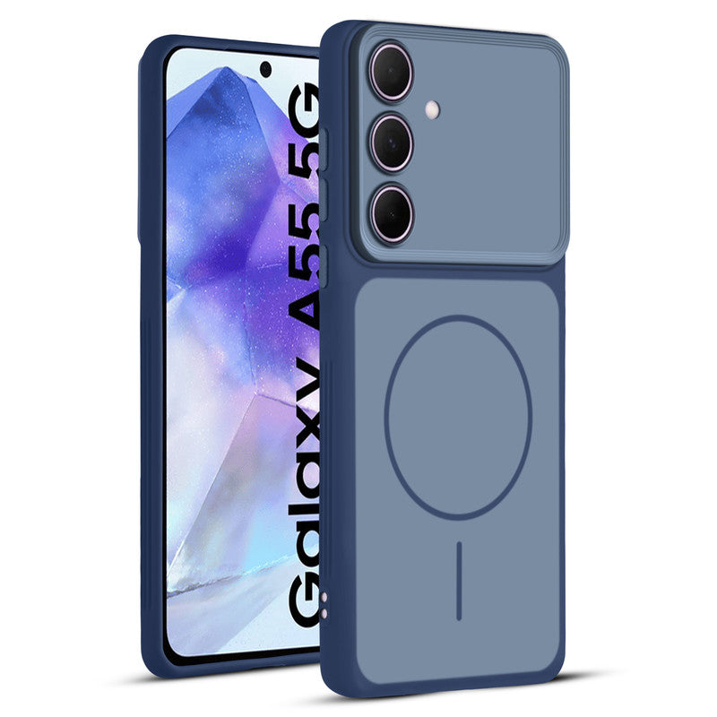 Full protective dual tone Blue silicone case for Samsung A55 5G showing front and back design coverage