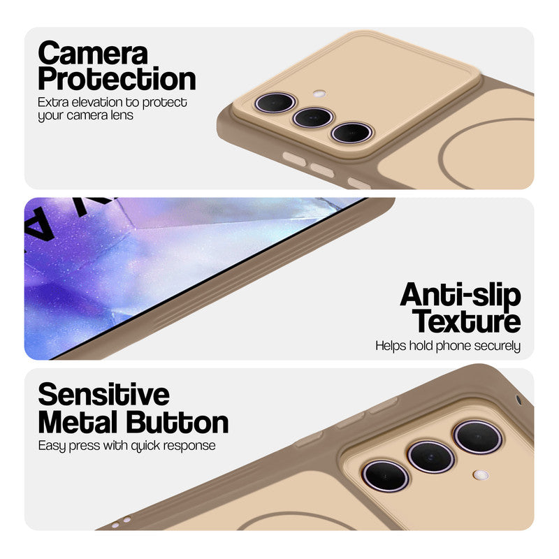 Brown Phone case for Samsung A55 5G highlighting raised camera protection, anti-slip texture, and responsive side buttons