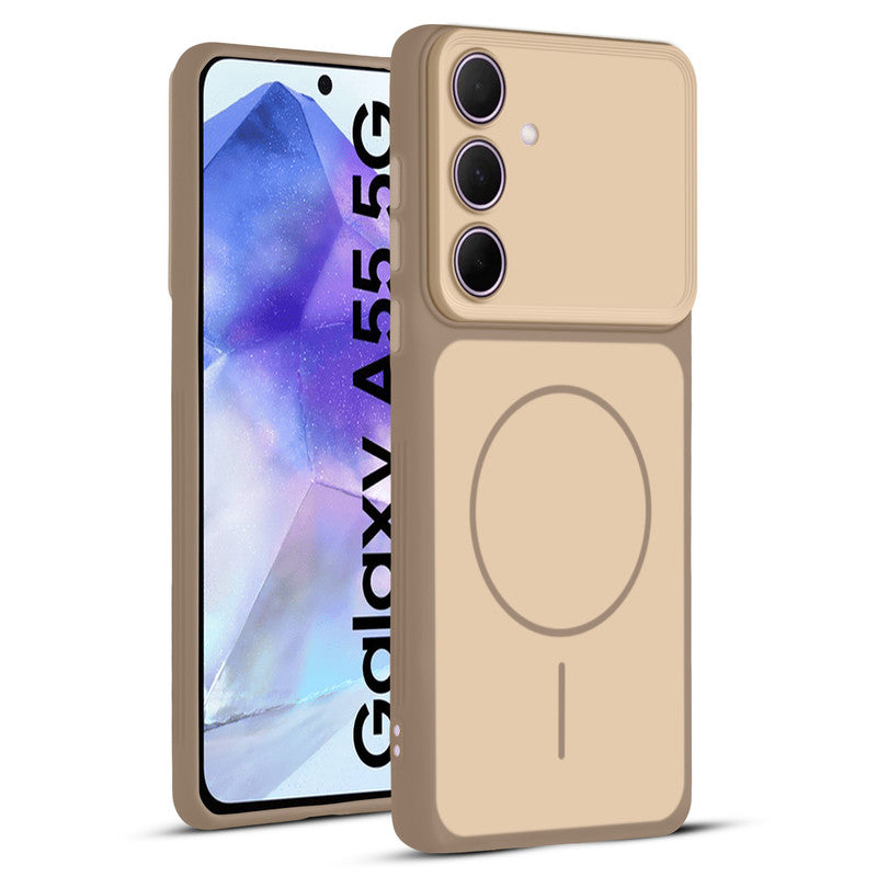 Full protective dual tone Brown silicone case for Samsung A55 5G showing front and back design coverage