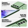 Green Phone case for Samsung A55 5G highlighting raised camera protection, anti-slip texture, and responsive side buttons