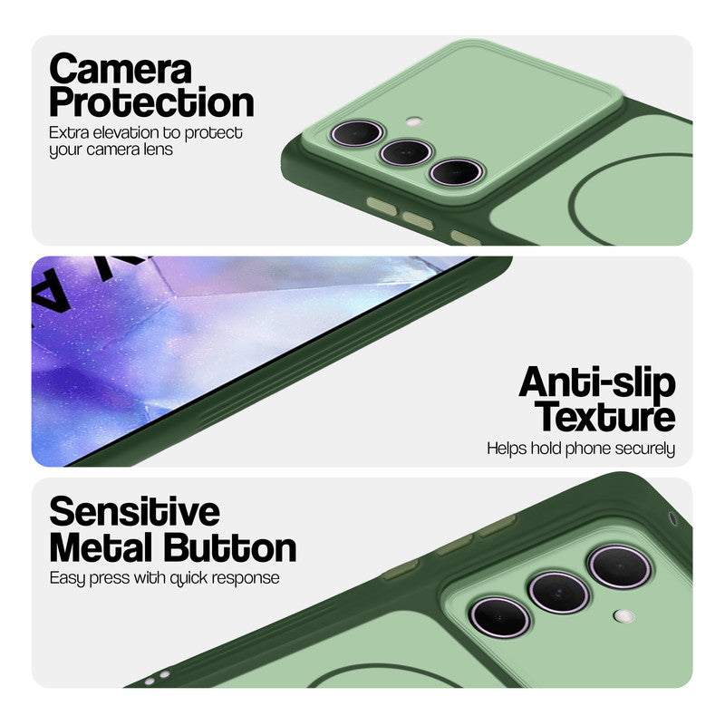 Green Phone case for Samsung A55 5G highlighting raised camera protection, anti-slip texture, and responsive side buttons