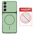 Dual tone silicone Green phone cover for Samsung A55 5G showing wireless charging not supported notice