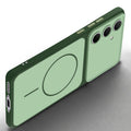 Slim silicone Green phone case for Samsung A55 5G side angle view showing grip texture and precise cutouts