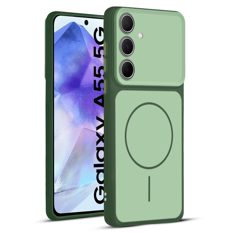 Full protective dual tone Green silicone case for Samsung A55 5G showing front and back design coverage