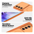 Orange Phone case for Samsung A55 5G highlighting raised camera protection, anti-slip texture, and responsive side buttons