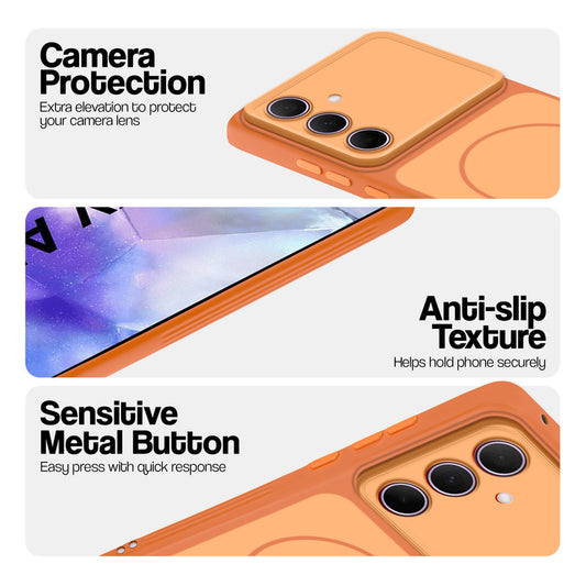 Orange Phone case for Samsung A55 5G highlighting raised camera protection, anti-slip texture, and responsive side buttons