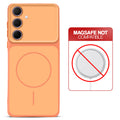 Dual tone silicone Orange phone cover for Samsung A55 5G showing wireless charging not supported notice