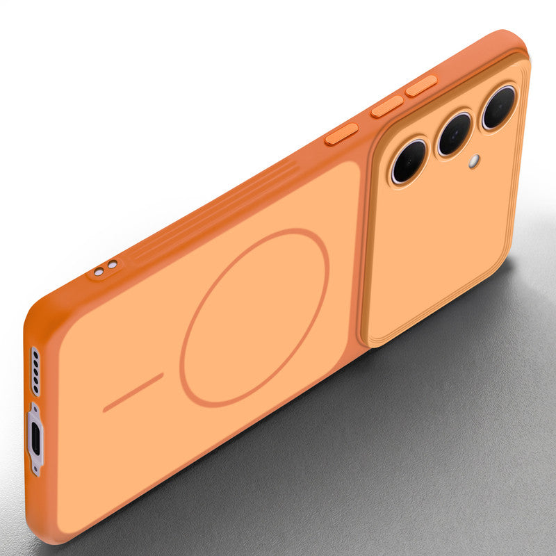 Slim silicone Orange phone case for Samsung A55 5G side angle view showing grip texture and precise cutouts