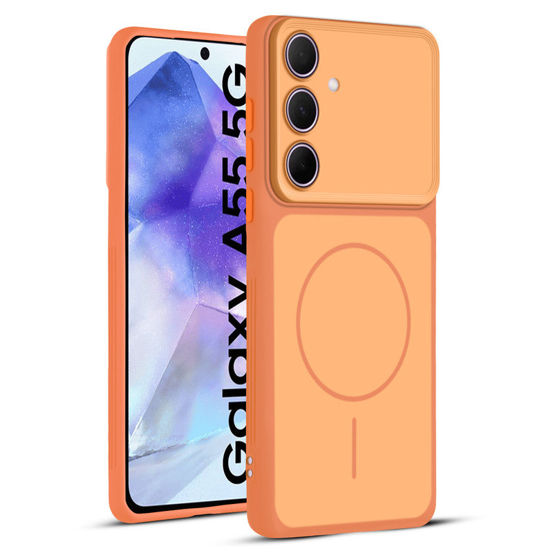 Full protective dual tone Orange silicone case for Samsung A55 5G showing front and back design coverage
