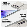 White Phone case for Samsung A55 5G highlighting raised camera protection, anti-slip texture, and responsive side buttons