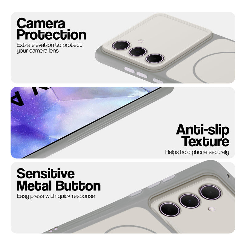 White Phone case for Samsung A55 5G highlighting raised camera protection, anti-slip texture, and responsive side buttons