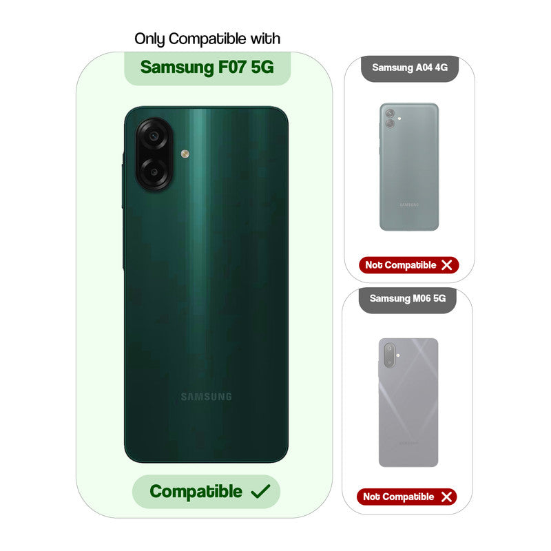 Clear hard back case compatibility guide showing fit for Samsung F07 and not compatible with other models