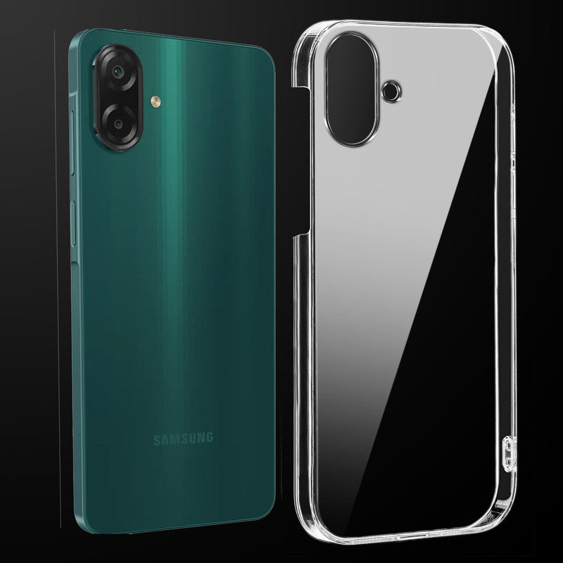 Transparent anti-yellow hard back case fitted on Samsung F07 showing full back coverage and camera protection