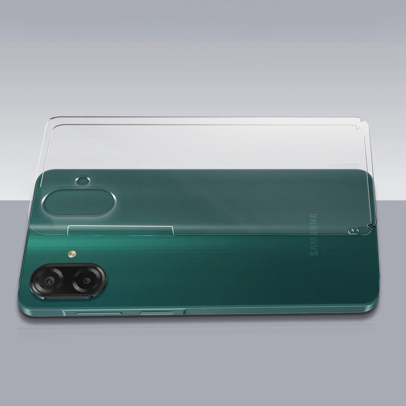 Transparent hard back case being installed on Samsung F07 showing perfect alignment and camera protection fit