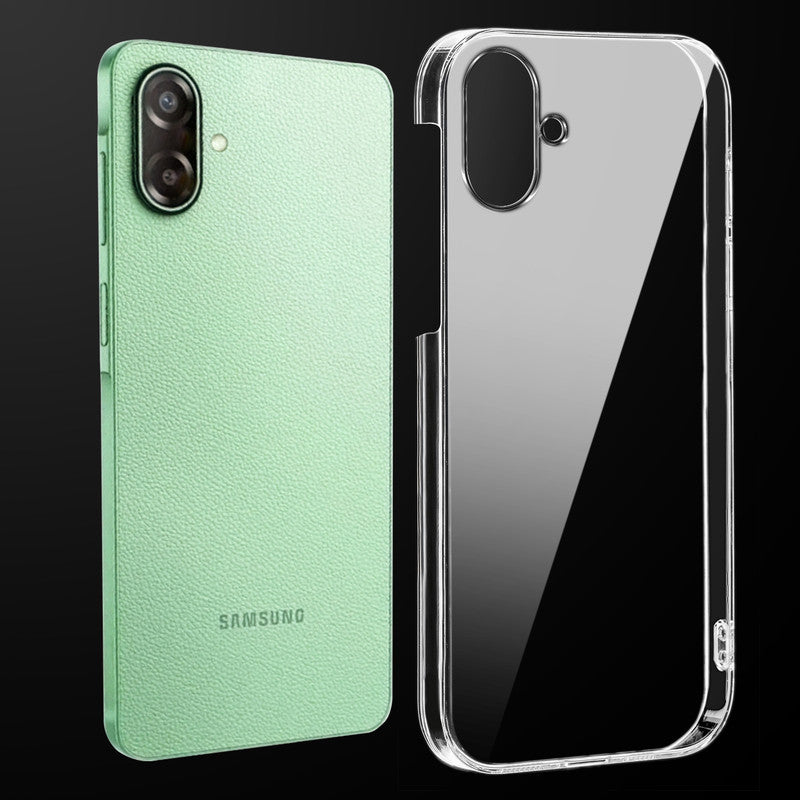 Transparent anti-yellow hard back case fitted on Samsung F70e 5G showing full back coverage and camera protection