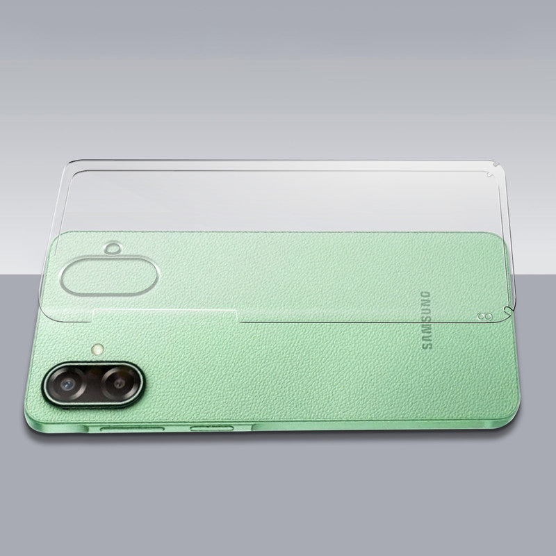 Transparent hard back case being installed on Samsung F70e 5G showing perfect alignment and camera protection fit